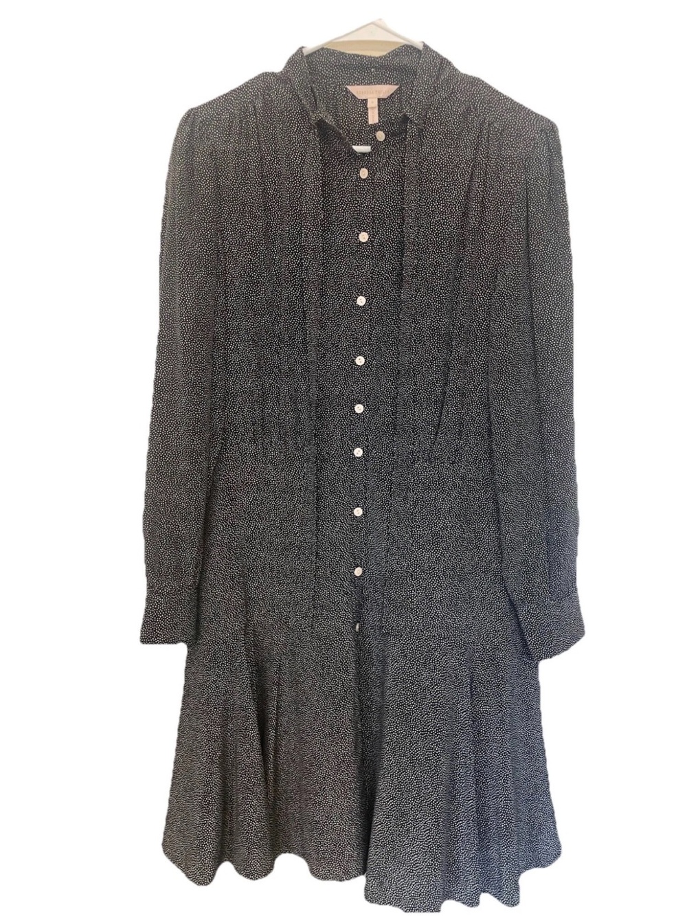 Women's Black Microdot Button-Front Long Sleeve Silk  Dress Rebecca Taylor